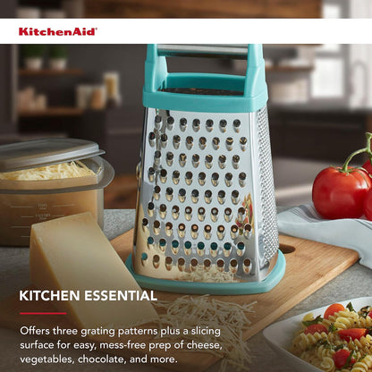 KitchenAid Gourmet 4-Sided Stainless Steel Box Grater for Fine, Medium and Coarse Grate, and Slicing, Detachable 3 Cup Storage Container and Measurment Markings, Dishwasher Safe, 10 inches tall, Aqua