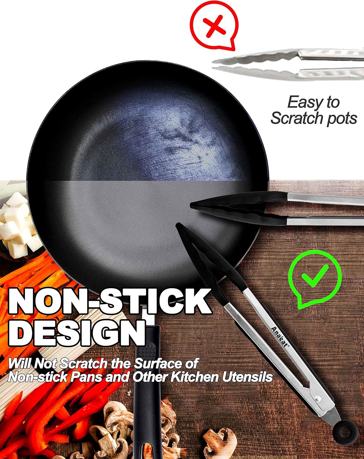 Anaeat Non-Stick Silicone Locking Tong Set of 3 - Stainless Steel 7", 9", 12" Kitchen Food Tongs with Non-Slip Silicone Tips and Grip for Cooking, Baking and BBQ - Heat Resistant up to 480°F (Black)