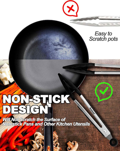 Anaeat Non-Stick Silicone Locking Tong Set of 3 - Stainless Steel 7", 9", 12" Kitchen Food Tongs with Non-Slip Silicone Tips and Grip for Cooking, Baking and BBQ - Heat Resistant up to 480°F (Black)