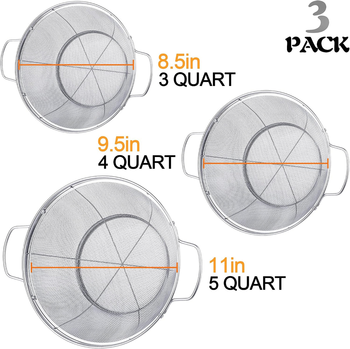 3 Pack 18/8 Stainless Steel Colander Sieves(5-Quart, 4-Quart and 3-Quart), Mesh Strainer Net Baskets with Handles & Resting Base for Strain, Drain, Rinse or Steam
