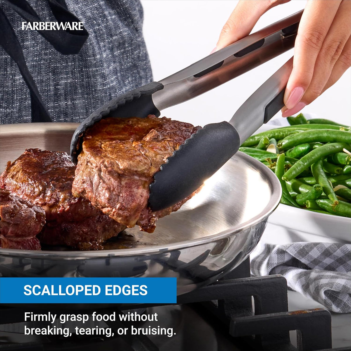 Farberware Pro 9 Inch Silicone Head Locking Kitchen Tongs for Cooking - Ergonomic Grip, Scalloped Tips, Heat Safe to 450F - Dishwasher Safe Cooking Tongs for Grilling, Serving, and Everyday Use