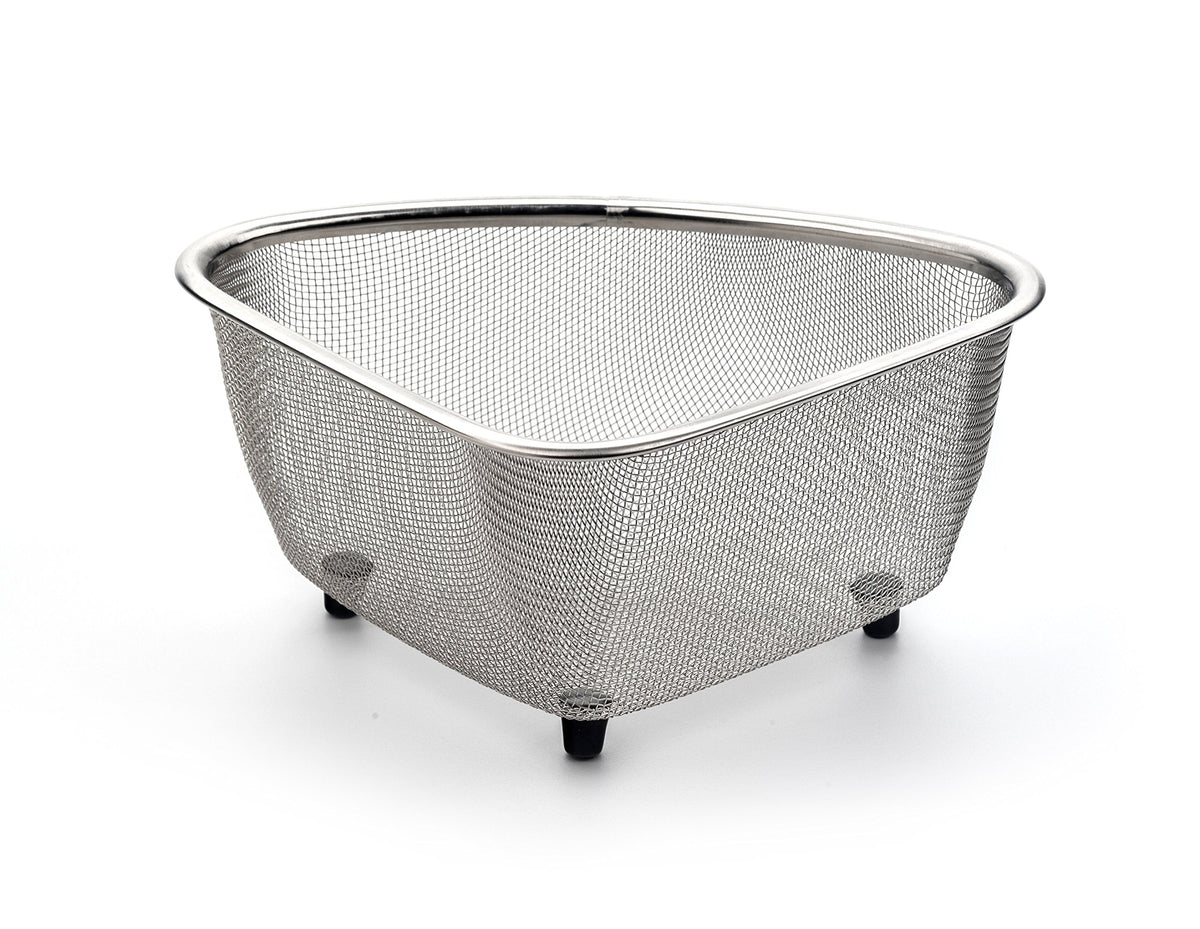 RSVP International Endurance® In-Sink Mesh Colander Strainer Basket, 3 Quart | Organize Sponges, Collect Food Scraps | Dishwasher Safe | Small Corner Basket | Steaming, Draining & Rinsing