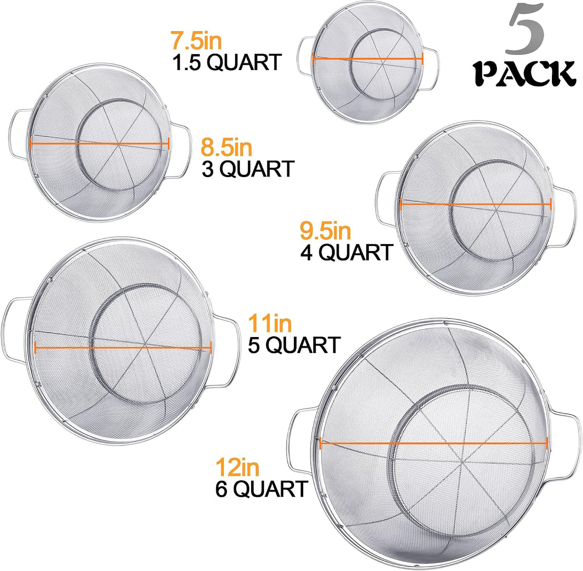 5 Pack 18/8 Stainless Steel Colander Sieves, Multi Size Mesh Strainer Net Baskets with Handles & Resting Base for Strain, Drain, Rinse or Steam