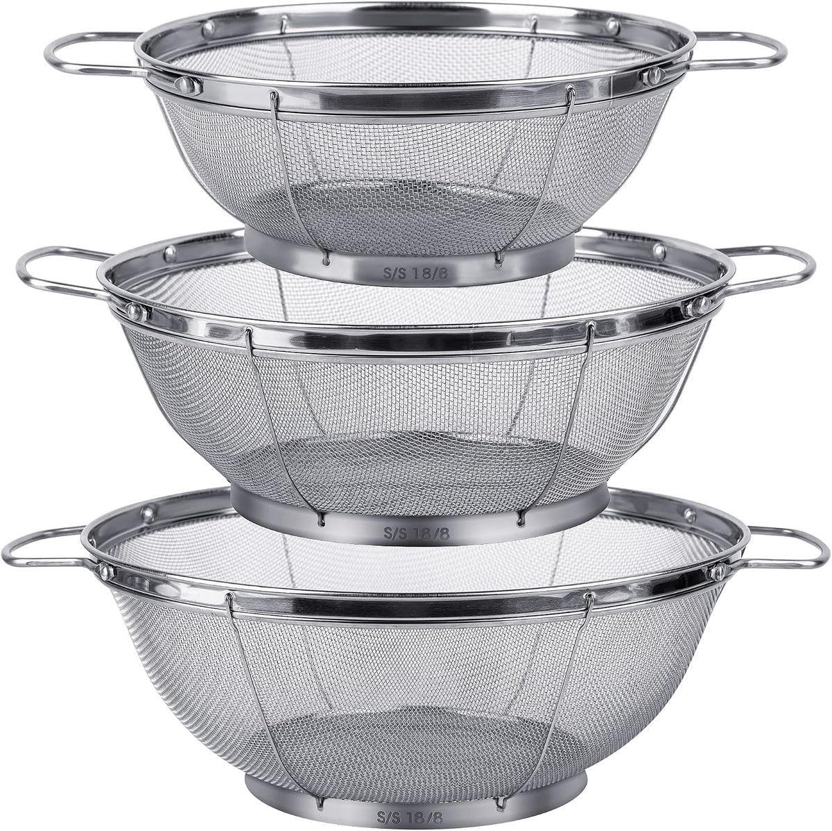 3 Pack 18/8 Stainless Steel Colander Sieves(5-Quart, 4-Quart and 3-Quart), Mesh Strainer Net Baskets with Handles & Resting Base for Strain, Drain, Rinse or Steam