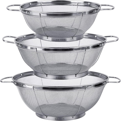 3 Pack 18/8 Stainless Steel Colander Sieves(5-Quart, 4-Quart and 3-Quart), Mesh Strainer Net Baskets with Handles & Resting Base for Strain, Drain, Rinse or Steam