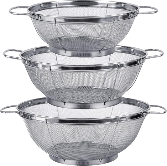 3 Pack 18/8 Stainless Steel Colander Sieves(5-Quart, 4-Quart and 3-Quart), Mesh Strainer Net Baskets with Handles & Resting Base for Strain, Drain, Rinse or Steam